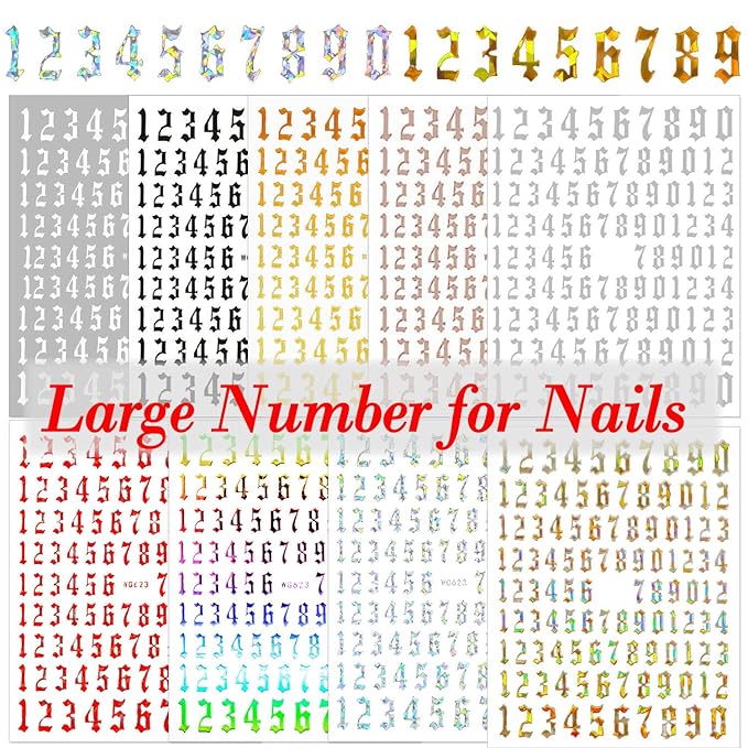 SILPECWEE 9 Sheets Number Nail Stickers Tips 3D Laser Nail Decals for Women Self Adhesive Nail Art Stickers Manicure Design Sticker Nails Decoration with 1Pc Tweezers