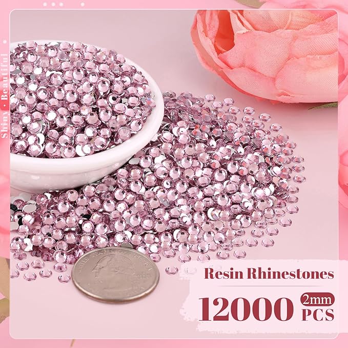 12000PCS 2mm Resin Rhinestones in Bulk (Light Pink), Bedazzling Flatback Crystals Rhinestones for Crafting DIY Nail Decoration, Gems Diomand Charms for Tumbler Shoes Clothing Fabric