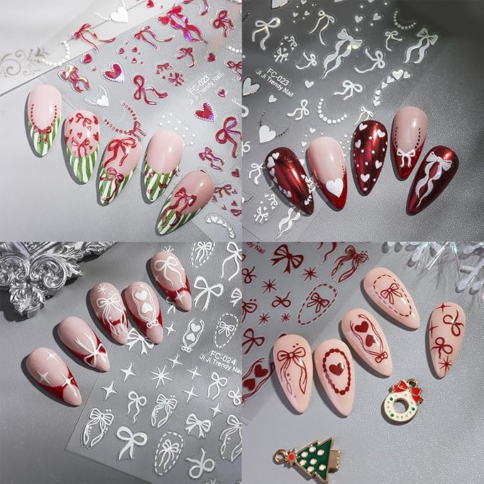 8 Sheets Cute Bow Heart Nail Art Stickers 3D Self-Adhesive Valentines Nail Stickers Laser Red White Heart Bows Nail Decals French Tip Nails Supplies for Women DIY Acrylic Nails Decorations