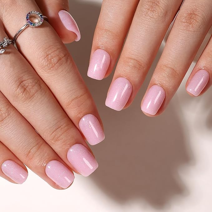 Short Square Press On Nails - Pink Fake Nails with Glue, 16 Sizes, 32Pcs Reusable Soft Gel False Tips Kit, Artificial Stick On Nail for Women