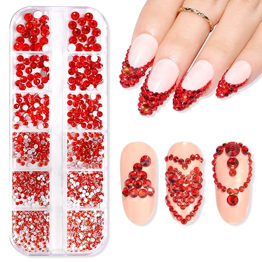 Makartt Red Nail Rhinestones Flatback Rhinestones Multi-Size Round Crystal Glass Nail Charms Diamonds Nail Jewels for DIY Crafts Makeup Nail Art Supplies Accessories Christmas Gift