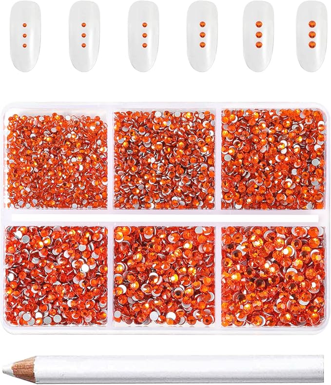 Beadsland 7200pcs Flatback Rhinestones,Orange Rhinestone Nail Gems Round Crystal Rhinestones for Crafts,Mixed 6 Sizes with Wax Pencil Kit, SS3-SS10,Hyacinth/Orange