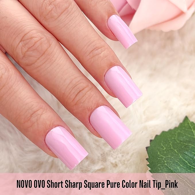 NOVO OVO Short Sharp Square Nail Tips Press on Pure Color Pink, Need Builder Gel Top Coat Nail Glue, Soft Gel Matte Fake Nail Extension, Full Cover False Nails for Salon DIY x 15 Sizes 180 pcs