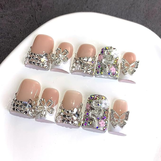 Duck Press on Nails Short Handmade Fake Nails Luxury 3D Reusable French Tip False Nails with Designs Flower Rhinestones Sparkly Glue on Nail for Women 10Pcs (Size M)