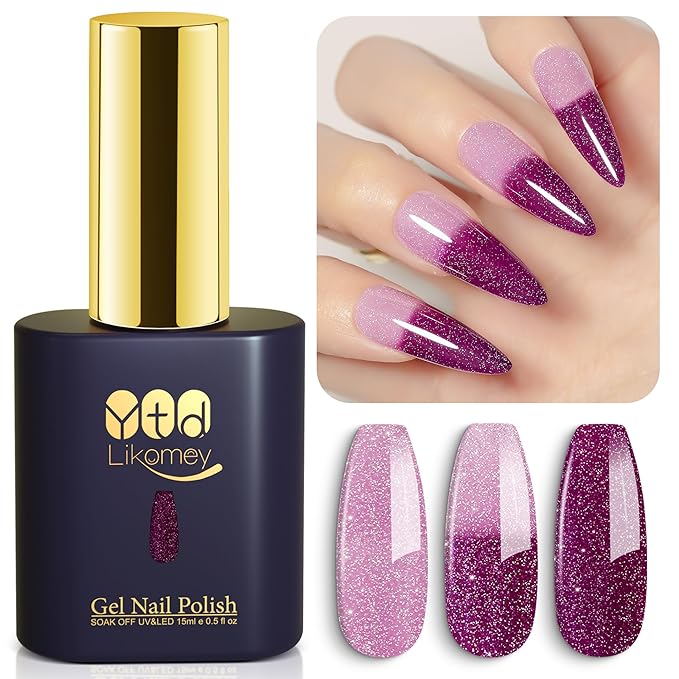 YTD Likomey Color Changing Gel Nail Polish,15ml Reflective Glitter Light Purple to Purple Mood Temperature Change Colors Thermal Ombre Fall Winter Flash Sparkle UV Varnish,HEMA Free TPO Free,WB507