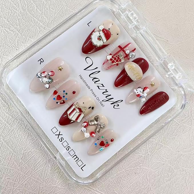 Christmas Handmade Press On Nails – 10pcs Medium Almond Fake Nails, 100% Handmade 3D Santa Claus Designs, Thick Gel Acrylic Full Cover False Nails for Women