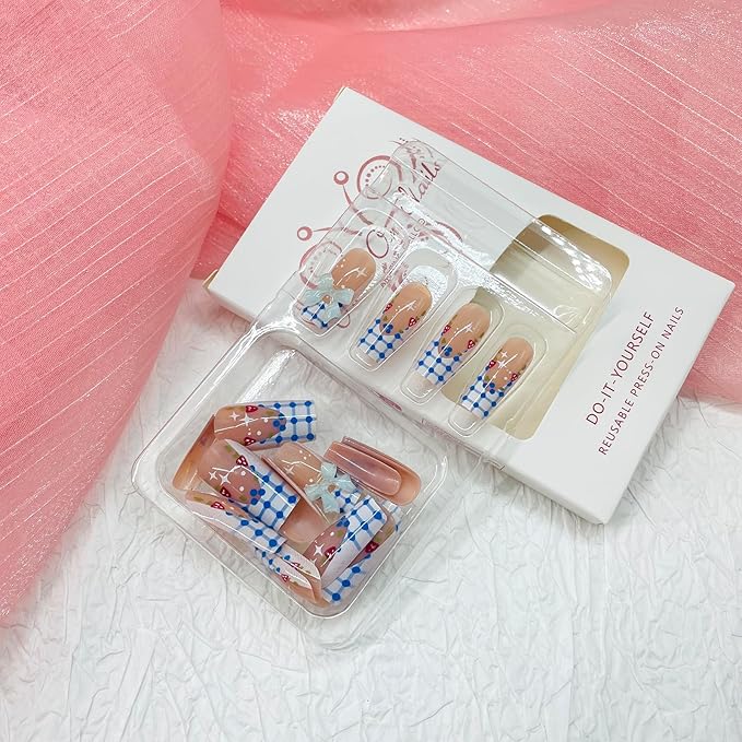 Square Press on Nails Medium Fake Nails with Designs Bow Stick on Nail Strawberry Acrylic False Nail French Glossy Artificial Nail Full Cover Glue on Nails for Women