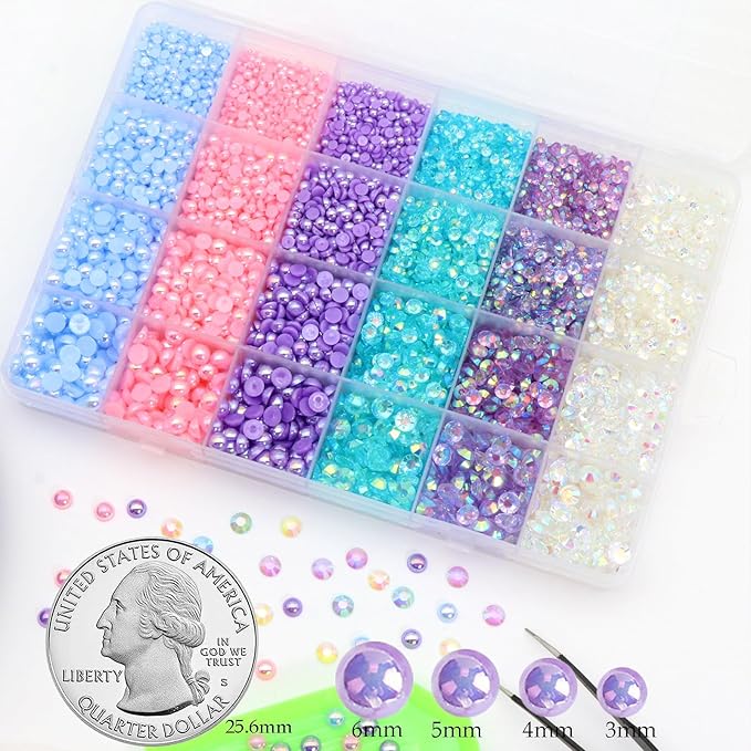 RODAKY 24000pcs Mix Color Pearls Rhinestones for Craft 3/4/5/6mm Flatback Round Jelly Rhinestone Bedazzling Non Hotfix Crystal Gems Beads for for DIY Nails Clothes Tumblers Face Makeup Manicure