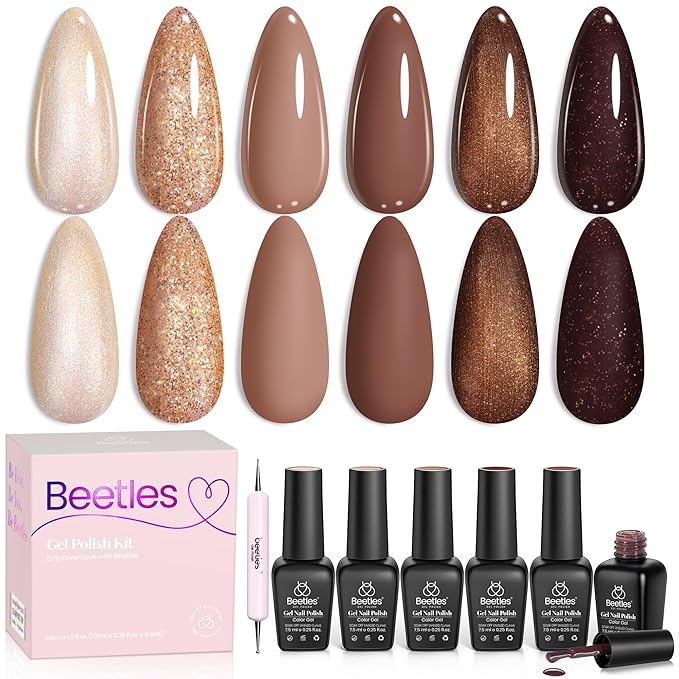 beetles Gel Nail Polish Set - Brownie Bliss 6 Colors Nail Polish Set Light Dark Brown Nail Kit Pearl Shimmering Soak Off UV LED Lamp Needed Manicure DIY Home Gift for Women Girls