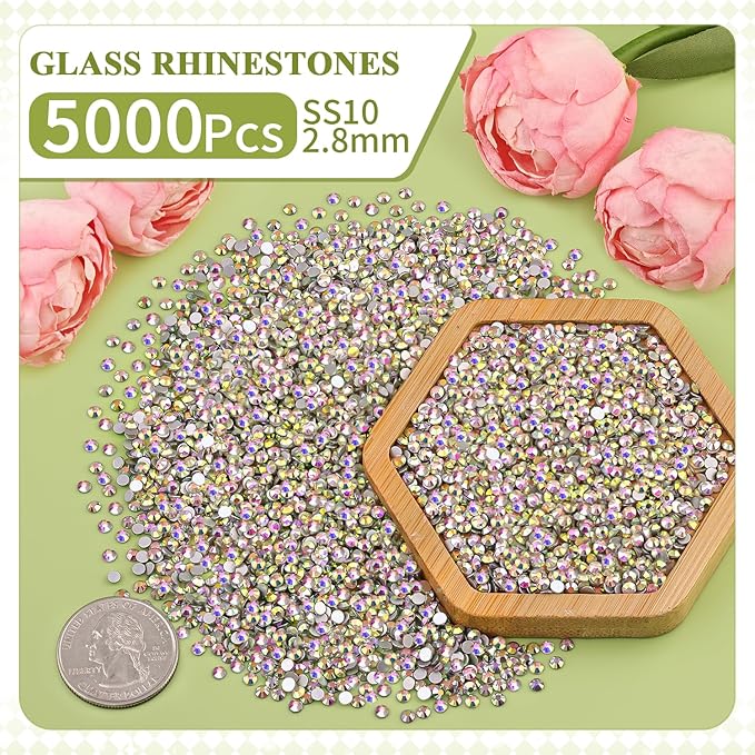 5000PCS SS10/2.8mm Crystal Rhinestones (Crystal AB) with 2Pcs 10ml B7000 Jewelry Glue, Bedazzling Flatback Glass Rhinestones for Crafting, Gems Diomand Charms for Tumbler Shoes Clothing Mugs Nail Art