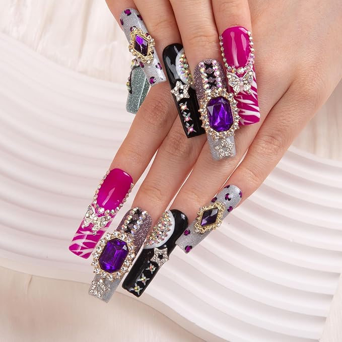 LOVFUL Press on Nails Jungle Gems| Handmade with Full Covered Crystals| Reusable Fake Nails| Square Mid length 1.7in| H267-M