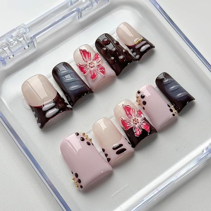 Luxury Press on Nails Short Duck Handmade 3D Unique Reusable ABS Material Fake Nails French Tip False Nails with Designs Flower Polka Dots Purple Glossy Glue on Nail Thick Acrylic Nail(S)