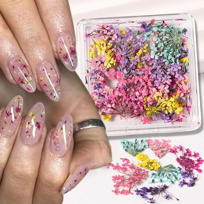 4 Boxes 3D Dried Flowers Nail Art Stickers Mini Dried Flower Nail Stickers Mixed Colors Dried Gypsophila Flowers Natural Floral Dried Flower Decals for Women Girls Nail Decorations DIY Craft