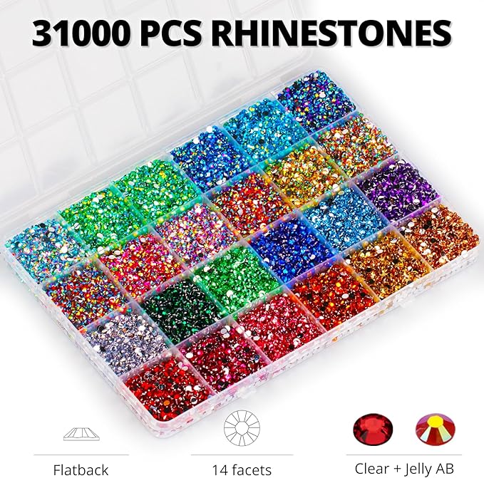 33000Pcs Rhinestones for Bedazzling, 3mm Bedazzler Kit with Flatback Rhinestones for Clothes Crafting Crafts Nails Clothing, Flat Back Resin Rainbow Colorful Colored Crystal with B 7000 Glue Clear