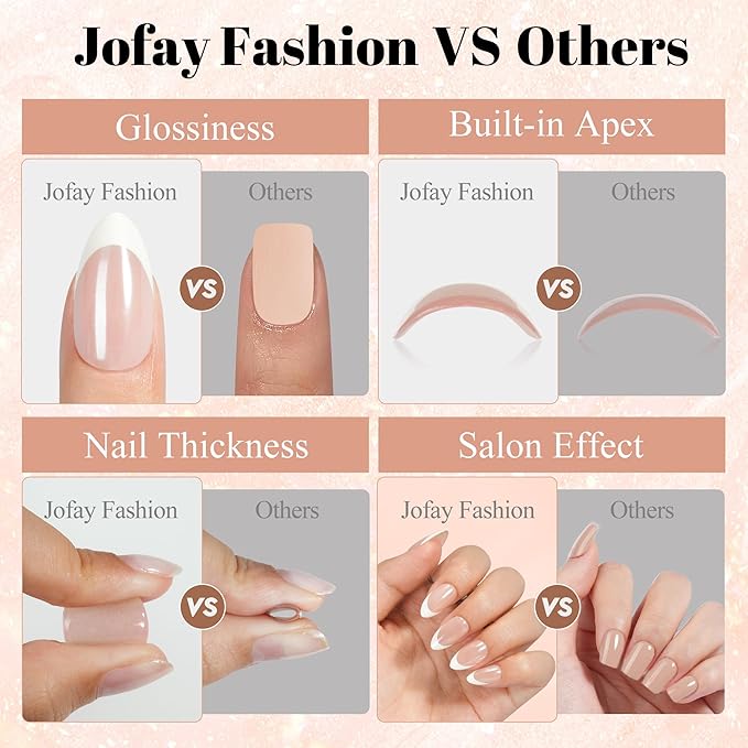 French Tip Press on Nails Almond, Jofay Fashion Soft Gel Fake Nails, Classic French Manicure Nails, Reusable & Natural Acrylic False Nails, Stick on Nails for Women Girls Gift, Glue on Nails Kit 32Pcs