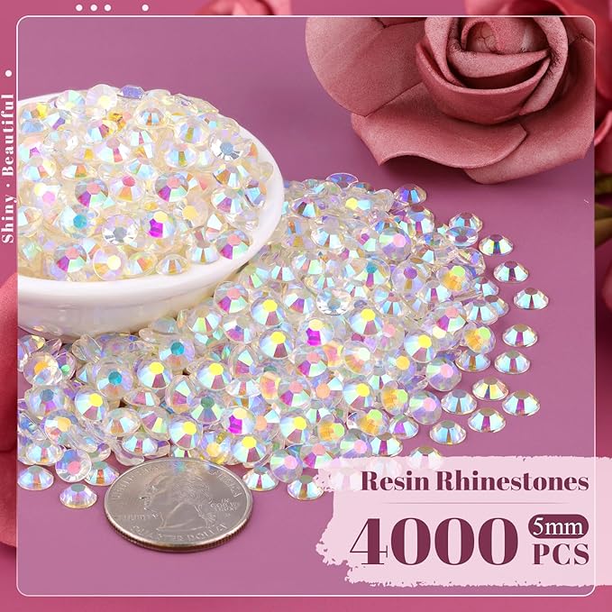 4000PCS 5mm Resin Jelly Rhinestones in Bulk (Transparent AB), Bedazzling Flatback Crystals Rhinestones for Crafting DIY Nail Decoration, Gems Diomand Charms for Tumbler Shoes Clothing Fabric