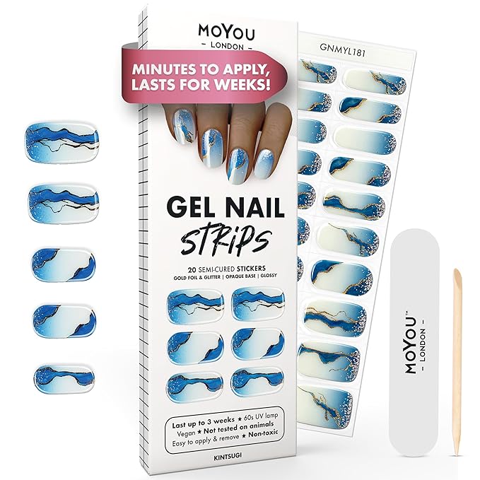 MOYOU LONDON Semi Cured Gel Nail Strips - 20 Pcs. Waterproof Gel Nail Wraps, Cures in Sunlight or UV/LED Lamp, Lasts Up to 2+ Weeks, Stretchable, Easy to Apply & Remove, Vegan & Cruelty-Free