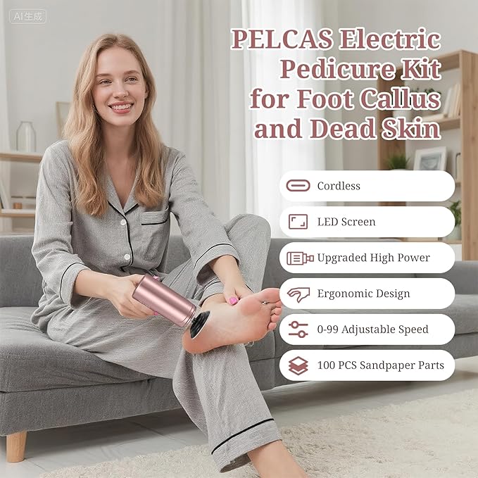 PELCAS Electric Foot Callus Remover with LED Screen, 2 in 1 Manicure & Pedicure Kit, 100 PCS Sandpapers Electric Foot File for Women & Men, Cordless Feet Filer for Foot Callus, Thick Nails Pink