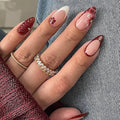 Handmade Press on Nails Medium Almond MABKJLF French Tip Fake Nails 3D False Nails with Flower Beads Designs Red&White Glossy Glue on Nail 3D Fall Acrylic Nails for Women Girls 24Pcs