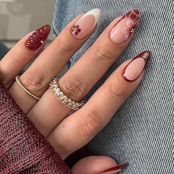 Handmade Press on Nails Medium Almond MABKJLF French Tip Fake Nails 3D False Nails with Flower Beads Designs Red&White Glossy Glue on Nail 3D Fall Acrylic Nails for Women Girls 24Pcs