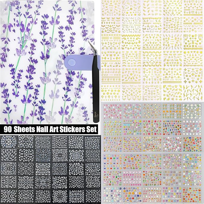 Zoance 90 Sheets Gold Nail Art Stickers & Storage Book,5000 Pieces 3D Self-Adhesive White Floral Nail Stickers with Blue Rhinestones Designs,Multicolor Nail Decals for Women Girls Manicure Decorations