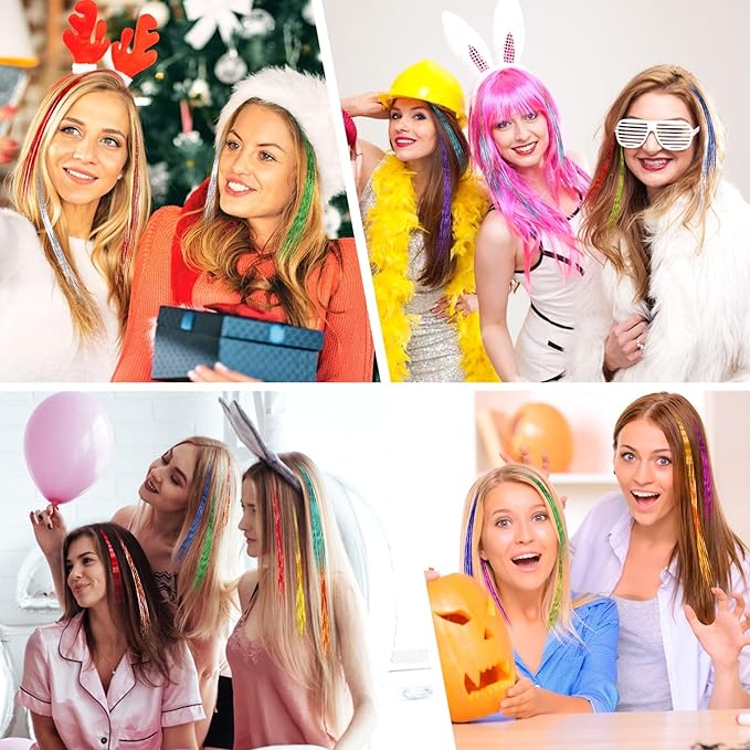 FEBSNOW 47 Inches Tinsel Hair Extension with Tool 2400 Strands 12 Mixed Colors Hair Extension Tinsel Kit Glitter Rainbow Hair Extensions for Christmas New Year Wedding Birthday Party Accessories
