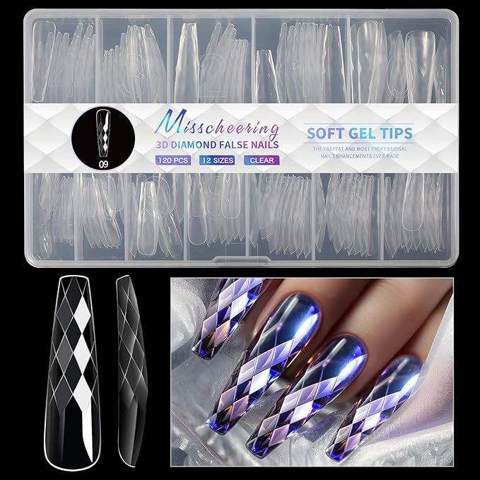 3D Diamond Shaped Polygel Nail, Extension Clear Full Cover False Nail Tips, Hybrid Gel Acrylic Nail, Diamond Fake Nails, 14 Sizes Building Artificial Press on Nail (style 9, 120pcs)