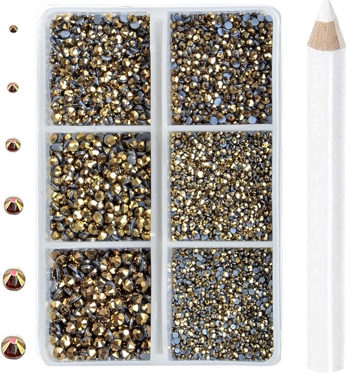 8000pcs Hotfix Rhinestones Flatback,Rhinestones for Crafts Clothes Mixed 6 Sizes, Hotfix Crystals with Wax Pencil Kit, SS3-SS12,Aurum