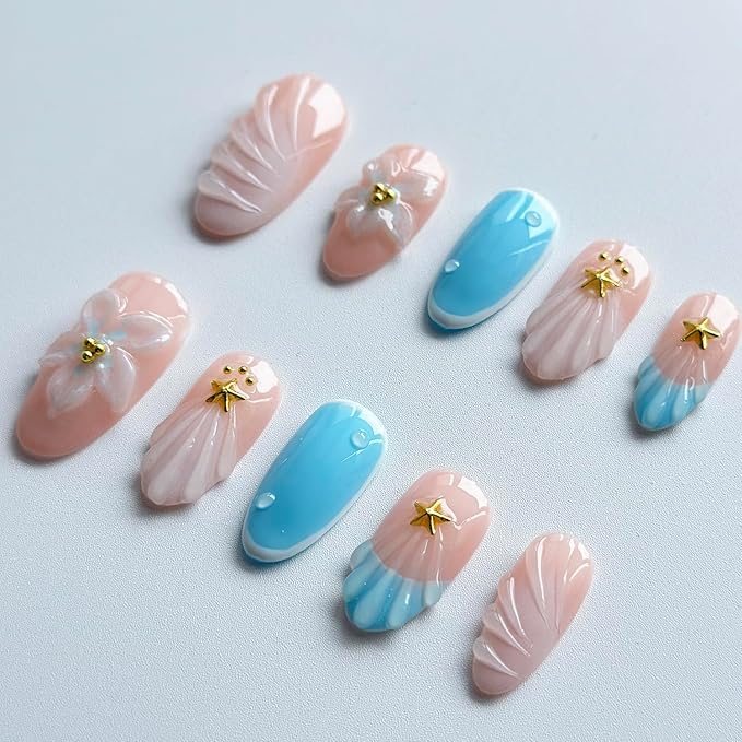 Luxury Press on Nails Short Almond Handmade 3D Unique Reusable ABS Material Fake Nails Summer French Tip False Nails with Designs Flower Shell Blue Glossy Glue on Nails Thick Acrylic Nails(S)