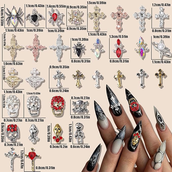Halloween Nail Charms,68pcs Ghost Head Spider Cross Nail Gems with Rhinestones,Retro Skeleton Planet Crosses Gold Silver Alloy Nail Art Jewelry Decoration for DIY Halloween Nail Design Crafts