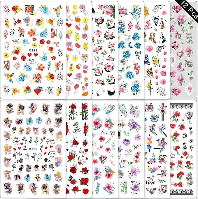 12 Sheets Rose Flower Nail Art Stickers Decals 3D Colorful Floral Self-Adhesive Graffiti Abstract Rose Love Heart Leaf Curve Line Design Supplies for Women Girls DIY Acrylic Nails Art Decoration