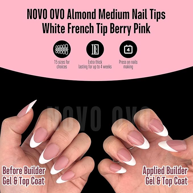NOVO OVO White French Tip Almond Nail Tips Press on BERRY PINK, Extra Thick Medium Soft Gel Fake Nail Acrylic Extension, Need Builder Gel Top Coat, No Glue Included, for Salon DIY x 15 Sizes 240 pcs