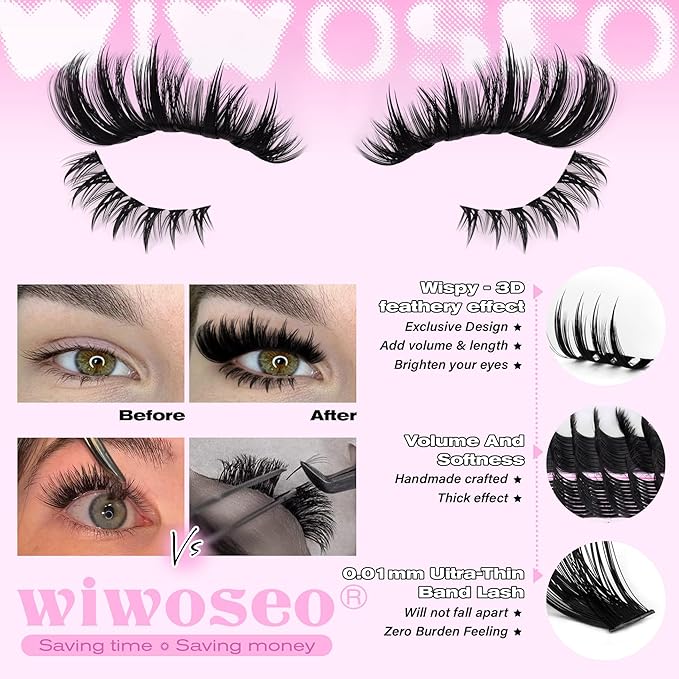 wiwoseo Spiky Lash Clusters with Bottom Lash Clusters Kit Salon Volume Lash Spikes Cluster Eyelash Extensions Kit 26MM Long Eyelash Clusters Spiky Manga Lashes Clusters with Clear Bond and Seal