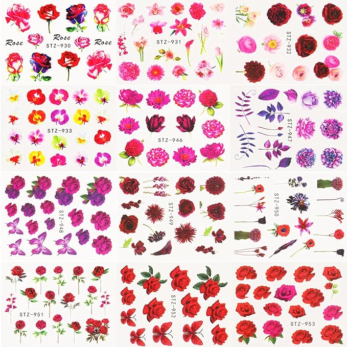 24 Sheets Flowers Nail Art Stickers Water Transfer Decals Floral Butterfly Rose Nail Art Design Nails Supplies for Women Girls Manicure Tips Decoration Holographic DIY Fingernail Charms Sticker