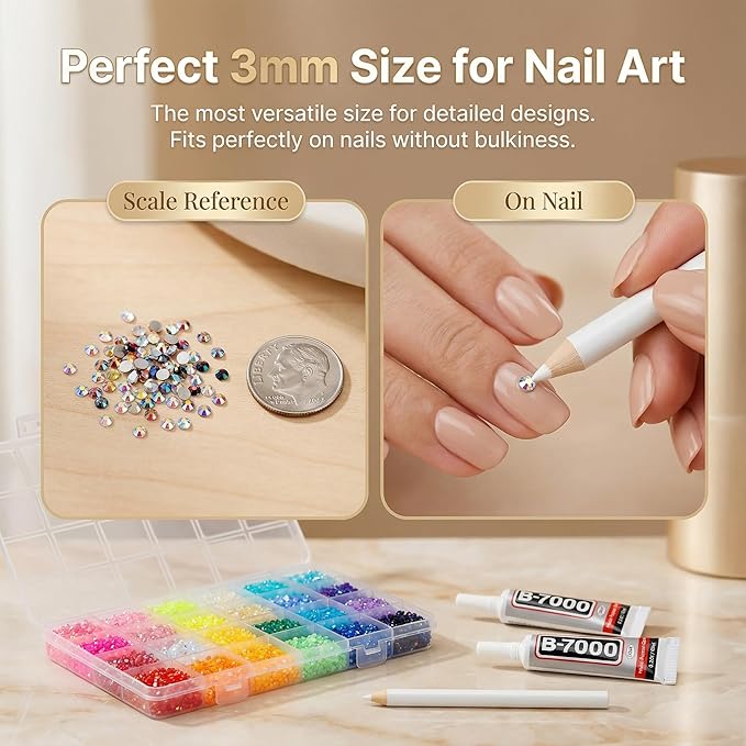 16000Pcs 3mm Rhinestones for Bedazzling, Bedazzler Kit with Rhinestones and Tools, Flatback Resin Jelly AB Colorful Rainbow Crystals Gems Set with Glue for Nail Art Crafting Clothes Crafts