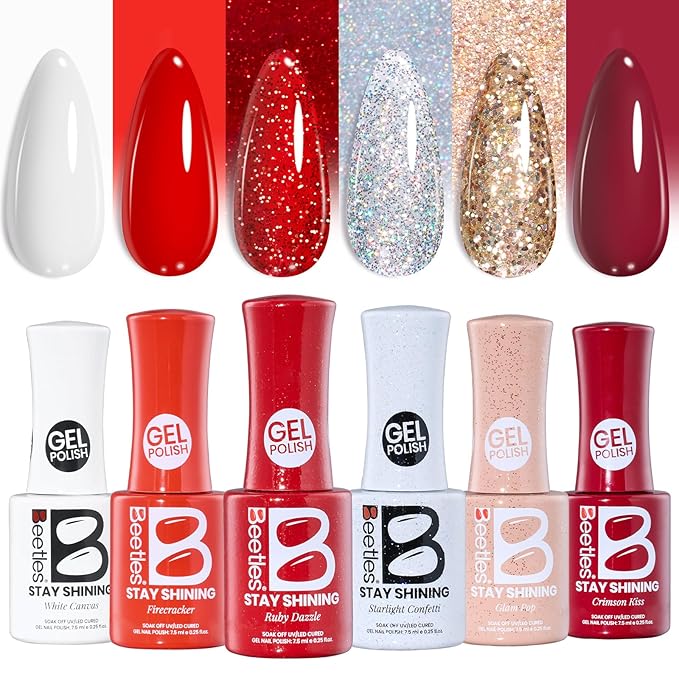 Beetles Valentines Gel Nail Polish Set, Stay Shining Crimson Glamour Shade Set 6 Colors Gel Polish White Red Burgundy Glitter Color Soak Off UV LED Nail Art DIY Salon at Home Gift for Women