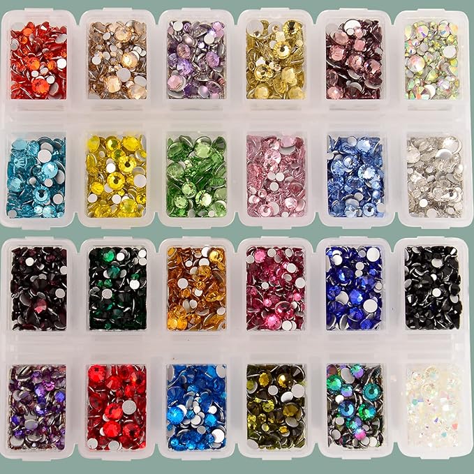 7000 Pieces Rhinestones 5 Sizes Round Crystal Glass Flat Back Rhinestones with 1Tweezers and 1Picking Pen for Nail Art Crafts Clothes Bags DIY (24 Colors Mixed 5 Sizes)