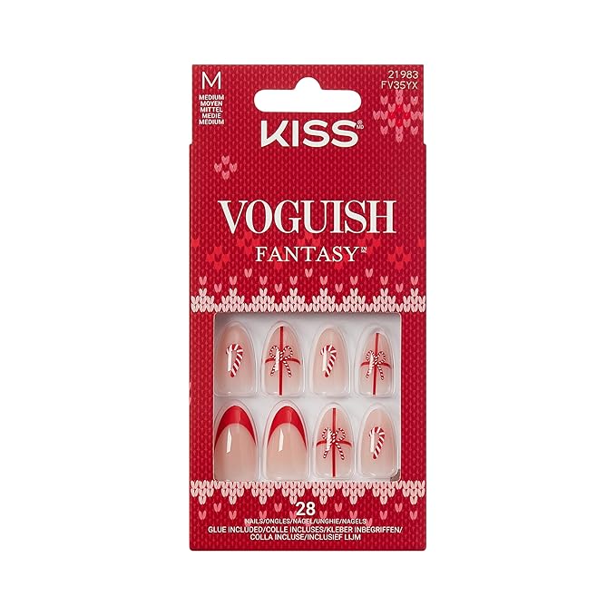 KISS Voguish Fantasy Holiday Press On Nails Almond, ‘Warm n Cozy’, Nude, Medium Length, No Damage To Natural Nails, Pink Gel Nail Glue (2g), Mini Nail File, Manicure Stick, & 28 Fake Nails