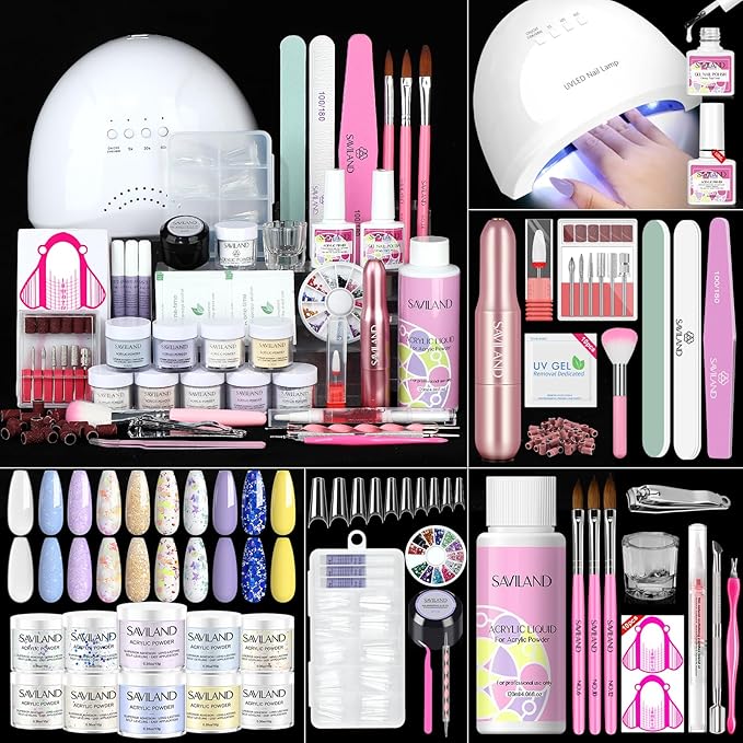 Saviland Acrylic Nail Kit with Everything: 10 Colors Acrylic Powder Clear Liquid Monomer 48W Nail Lamp 20000RPM Nail Drill Complete Tools Home Manicurist Nail Extensions
