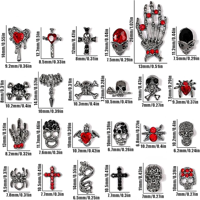 Halloween Nail Charms,48pcs Ghost Head Spider Skull Hand Cross Nail Gems with Rhinestones,Retro Skeleton Spider Gold Silver Alloy Nail Art Jewelry Decoration for DIY Halloween Nail Design Crafts