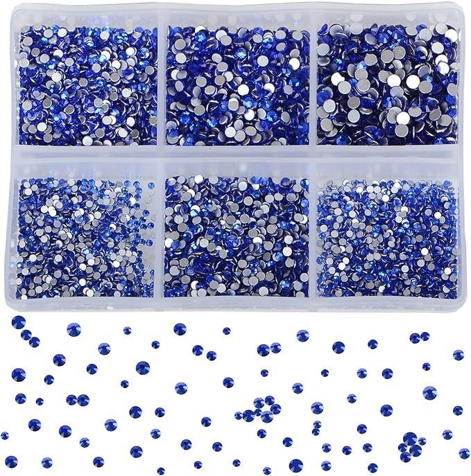 Bymitel 7200 Pieces 6 Mixed Sizes Glue Fix on Glass Rhinestones Round Crystal Gems Flatback for DIY Jewelry Making with one Picking Pen (6-Sizes 7200PCS, Sapphire)