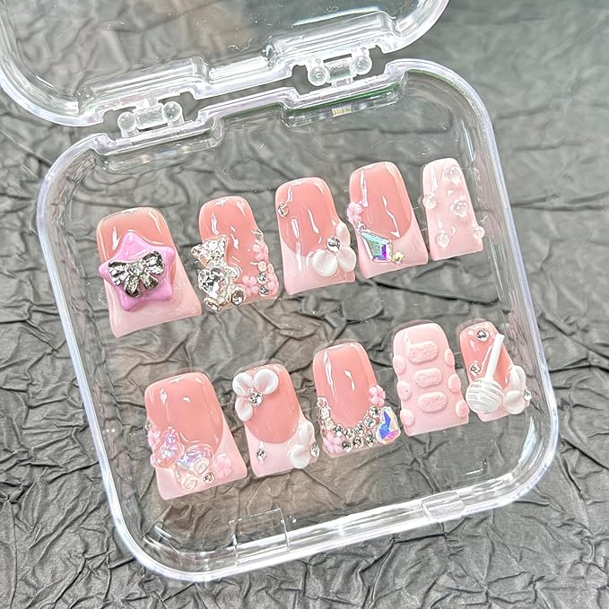 Handmade Duck Press on Nails Short French Nails with Glue,Muti-Layer Gel 3D Flower Art Fake Nails with Luxury Gems Bow Design Light Pink Acrylic Nail Reusable Nature False Nails for Wome (Size S)