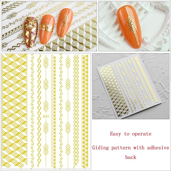 Gold Nail Art Stickers, Metallic Chains Line Triangle Heart Circle Letters Stars Square Nail Self-Adhesive Sticker Designs, Gold Nail Transfer Decals Supplies for Women Girls Manicure Decorations