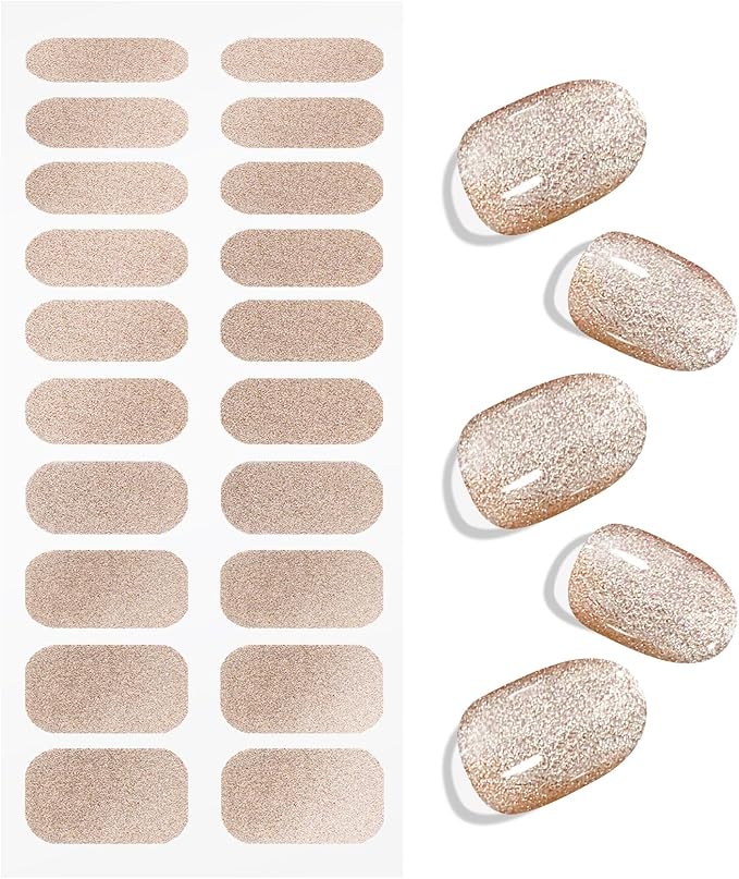 JMEOWIO Gel Nail Stickers Rose Gold Glitter Semi Cured Gel Nail Strips Wraps UV/LED Nails Art Design Decoration Accessories