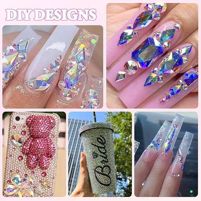 AB-Colors Flatback Nail Art Rhinestones Kit, Mix Crystal AB-Color Flatback Rhinestones Crystals Diamonds, Multi Shapes Glass Crystals Diamonds for Nail Art Design Crafts Clothes Shoes Jewelry