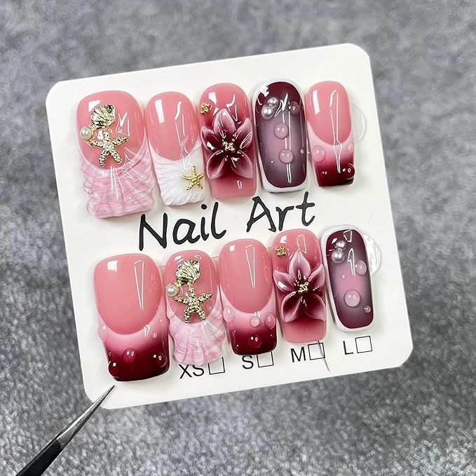 10Pcs Square Press on Nails Medium Handmade Fake Nails with 3D Flower Shell Starfish Design Acrylic Nails Press Ons Full Cover Artificial Gradient French Tip Stick on False Nail for Women (Size M)