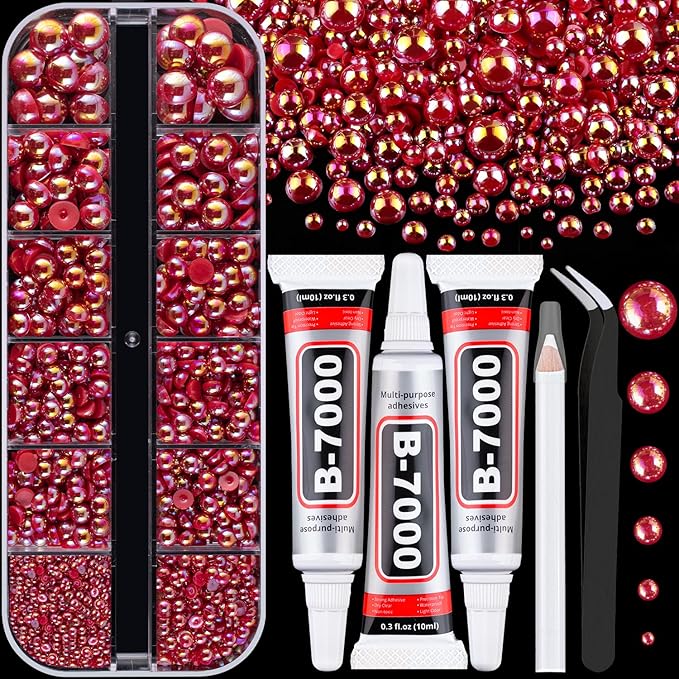 Flatback Pearls for Crafting with 3Pcs 10ml B7000 Jewelry Glue, 1 Box of Half Round Red AB Pearls, Bedazzling Beads for DIY Crafts Clothing Tumblers Shoes Embellishment Nail Art