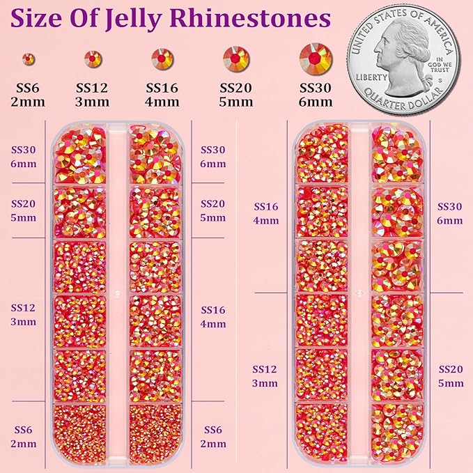 Resin Jelly Rhinestones for Crafting with B7000 Jewelry Glue, 2 Boxes Red AB Flatback Crystals with 3Pcs 10ml Glue, Bedazzling Non Hotfix Gems for DIY Tumblers Clothing Shoes Manicure