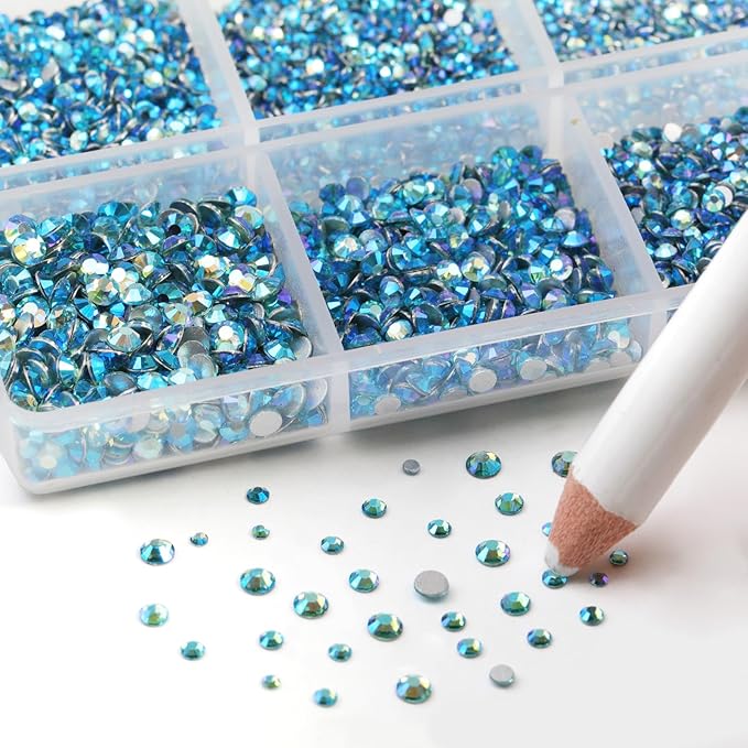 Beadsland 7200pcs Flatback Rhinestones,Blue AB Rhinestone Nail Gems Round Crystal Rhinestones for Crafts,Mixed 6 Sizes with Wax Pencil Kit, SS3-SS10,Aquamarine AB