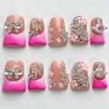 Luxury Press on Nails Short Duck Handmade 3D Unique Reusable ABS Material Fake Nails Pink French Tip False Nails with Designs Flower Bow Stars Rhinestones Glossy Glue on Nail Thick Acrylic Nail(S)